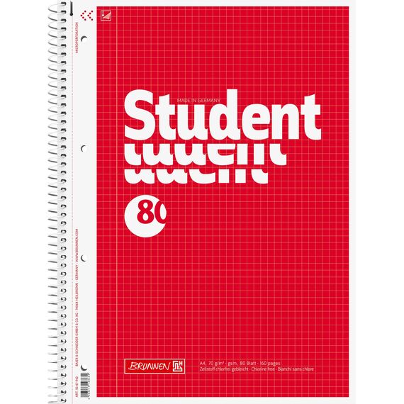 BRUNNEN Collegeblock Student | A4, Lineatur 22, 80 Blatt, rot
