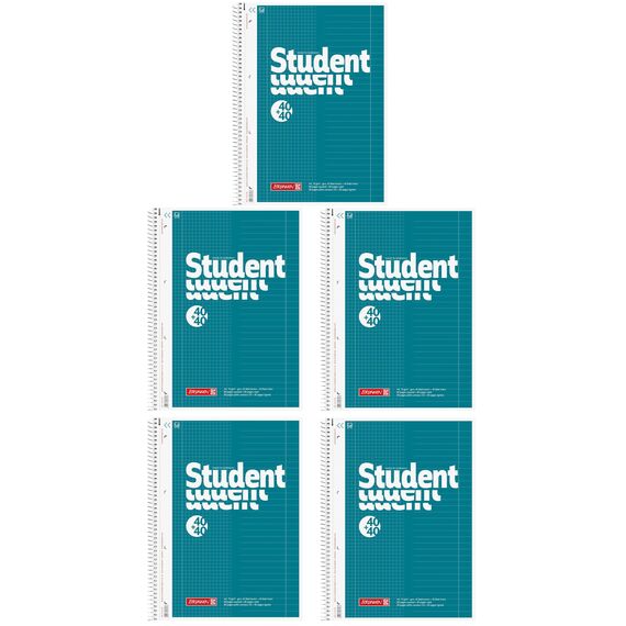 BRUNNEN Collegeblock Student „DUO“ | A4, kariert/liniert, 80 Blatt, petrol (A4 (Packung mit 5))