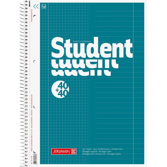 BRUNNEN Collegeblock Student „DUO“ | A4, kariert/liniert, 80 Blatt, petrol