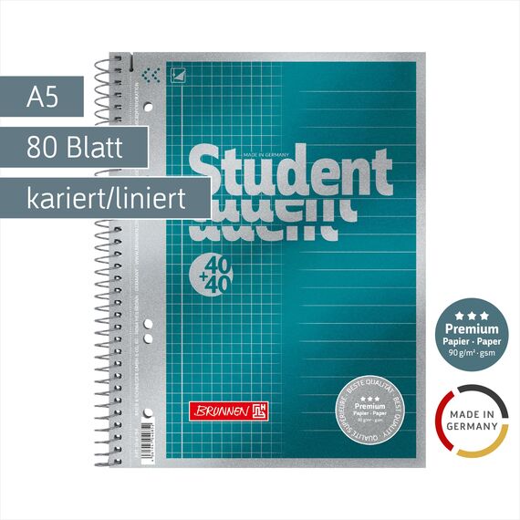 BRUNNEN Collegeblock Premium Student „DUO“ | A5, kariert/liniert, 80 Blatt, petrol