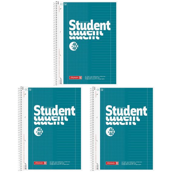 BRUNNEN Collegeblock Student „DUO“ | A4, kariert/liniert, 80 Blatt, petrol (A4 (Packung mit 3))