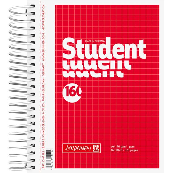 BRUNNEN Collegeblock Student | A6, kariert, 160 Blatt, rot