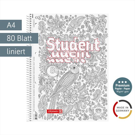 BRUNNEN Collegeblock Premium Student „Papagei“ ZENart | A4, Lineatur 27, 80 Blatt, weiß