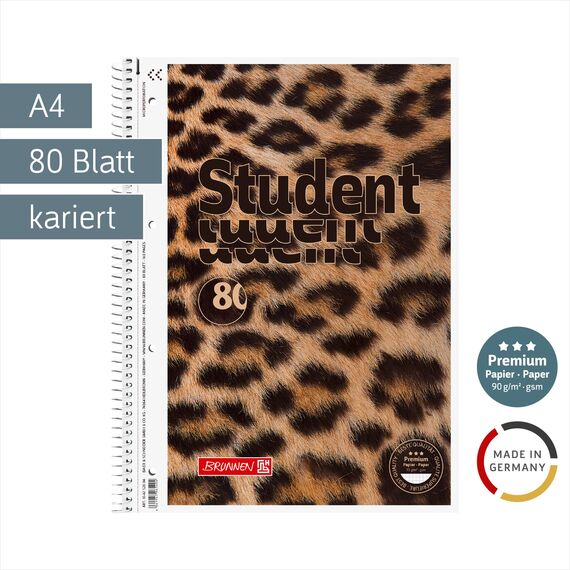 BRUNNEN Collegeblock Premium Student „Leopard“ | A4, Lineatur 28, 80 Blatt, braun/schwarz