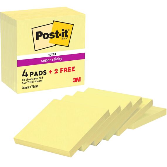 Post-it Super Sticky Notes Kanariengelb, Packung mit 6 Blöcken, 90 Blatt pro Block, 76 mm x 76 mm, Farbe: Gelb - Extra-stark klebende Notizzettel für Notizen, To-Do-Listen und Erinnerungen