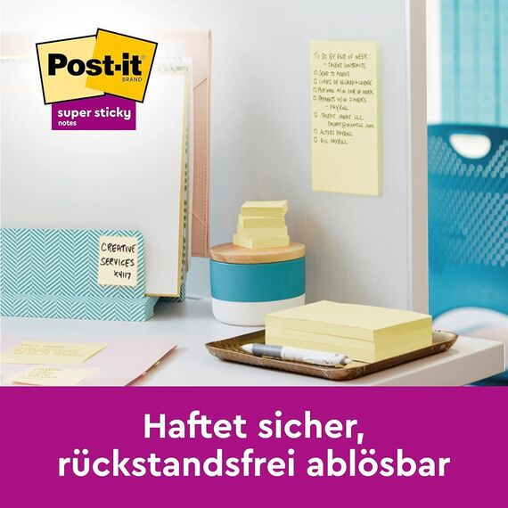 Post-it Super Sticky Notes Kanariengelb, Packung mit 6 Blöcken, 90 Blatt pro Block, 76 mm x 76 mm, Farbe: Gelb - Extra-stark klebende Notizzettel für Notizen, To-Do-Listen und Erinnerungen