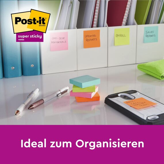 Post-it Super Sticky Notes Carnival Collection, Vorteilspackung mit 8 Blöcken + 4 Gratisblöcke, 90 Blatt pro Block, 76 mm x 76 mm, Gelb, Blau. Grün, Pink. Orange - Extra-stark klebende Notizzettel