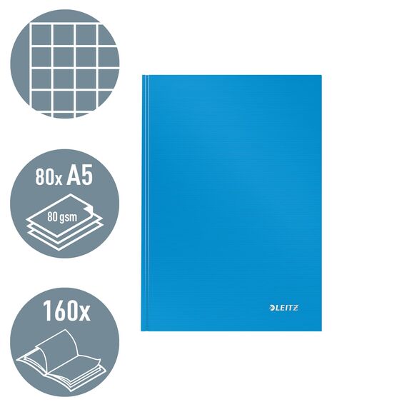 Leitz A5 Notizbuch kariert, 160 Seiten, 80 Blatt FSC zertifiziertes 80 g/m² Papier, Stabiler, kratzfester Hardcover-Einband, Für Büro, Schule oder als Tagebuch, Solid Serie, Hellblau, 46660030