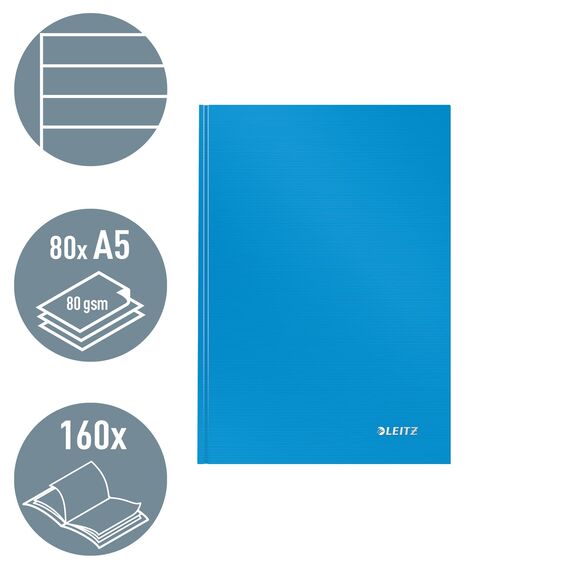 Leitz A5 Notizbuch liniert, 160 Seiten, 80 Blatt FSC zertifiziertes 80 g/m² Papier, Stabiler, kratzfester Hardcover-Einband, Für Büro, Schule oder als Tagebuch, Solid Serie, Hellblau, 46670030