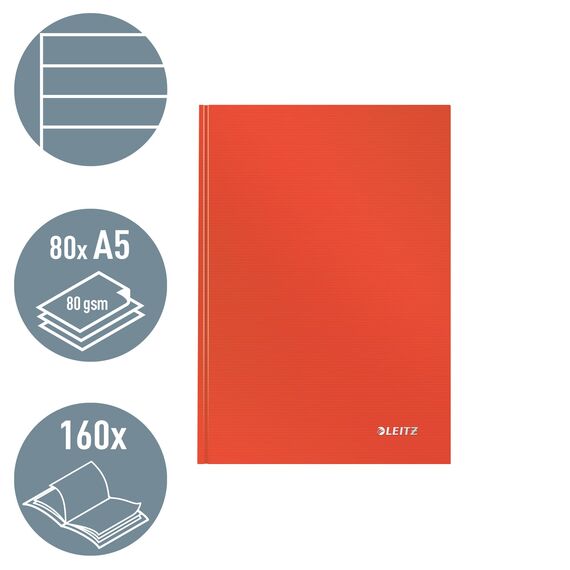 Leitz A5 Notizbuch liniert, 160 Seiten, 80 Blatt FSC zertifiziertes 80 g/m² Papier, Stabiler, kratzfester Hardcover-Einband, Für Büro, Schule oder als Tagebuch, Solid Serie, Hellrot, 46670020