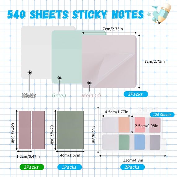 Hoiny 540 Blätter Transparente Haftnotizen, Transparent Sticky Notes, Wasserfest Clear Sticky Notes, Wiederbeschreibbar Klebezettel Transparent für Schulsachen, Schule, Büro, Hause