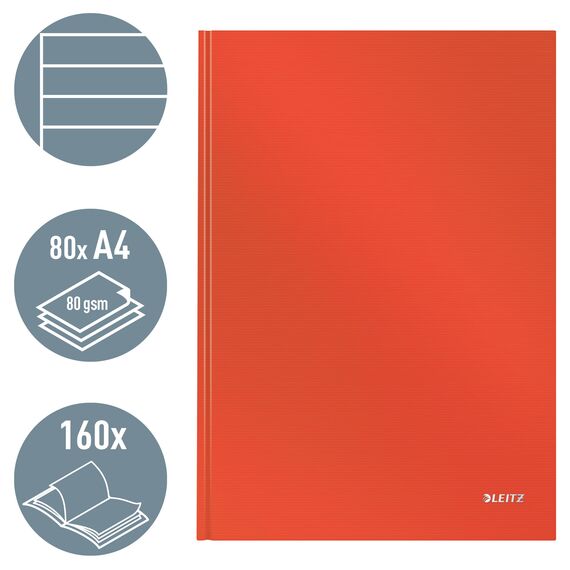 Leitz A4 Notizbuch liniert, 160 Seiten, 80 Blatt FSC zertifiziertes 80 g/m² Papier, Stabiler, kratzfester Hardcover-Einband, Für Büro, Schule oder als Tagebuch, Solid Serie, Hellrot, 46650020