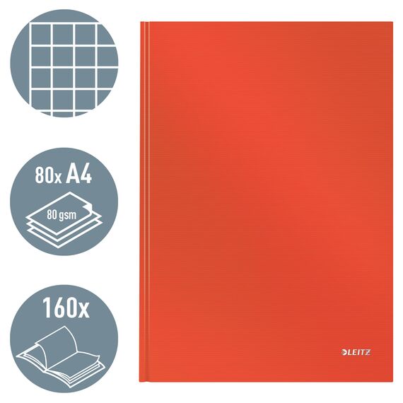 Leitz A4 Notizbuch kariert, 160 Seiten, 80 Blatt FSC zertifiziertes 80 g/m² Papier, Stabiler, kratzfester Hardcover-Einband, Für Büro, Schule oder als Tagebuch, Solid Serie, Hellrot, 46640020