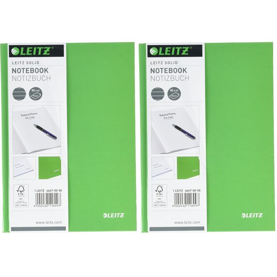 Leitz A5 Notizbuch liniert, 160 Seiten, 80 Blatt FSC zertifiziertes 80 g/m² Papier, Stabiler, kratzfester Hardcover-Einband, Für Büro, Schule oder als Tagebuch, Solid Serie, Hellgrün, 46670050