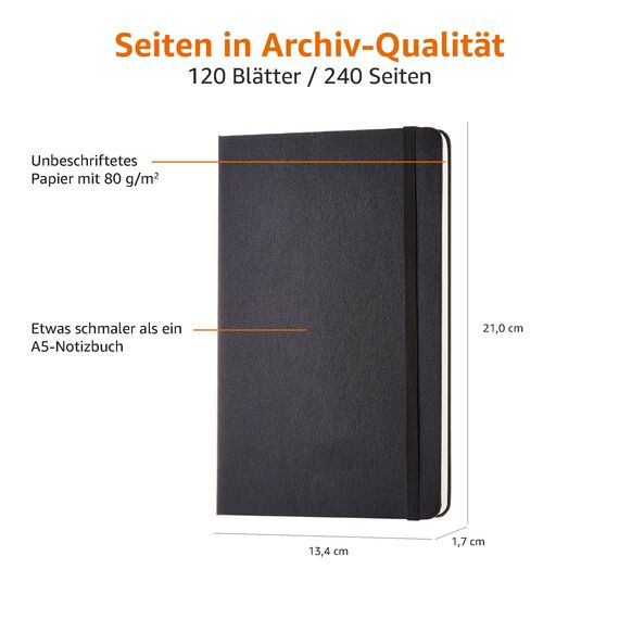 Amazon Basics Classic Notizbuch, A5, blanko, schwarz