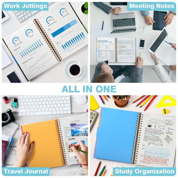 Notizbuch, Notizbuch A5 Liniert, Notizbücher Mit 5 Fächern Und Herausnehmbaren Trennblättern, 300 Blatt 100GSM Spiral Notizbuch Softcover Zum Schreiben, Für Arbeit Und Schulbedarf, 15.8 x 21.5cm, Blau