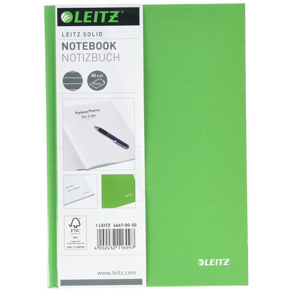 Leitz A5 Notizbuch liniert, 160 Seiten, 80 Blatt FSC zertifiziertes 80 g/m² Papier, Stabiler, kratzfester Hardcover-Einband, Für Büro, Schule oder als Tagebuch, Solid Serie, Hellgrün, 46670050