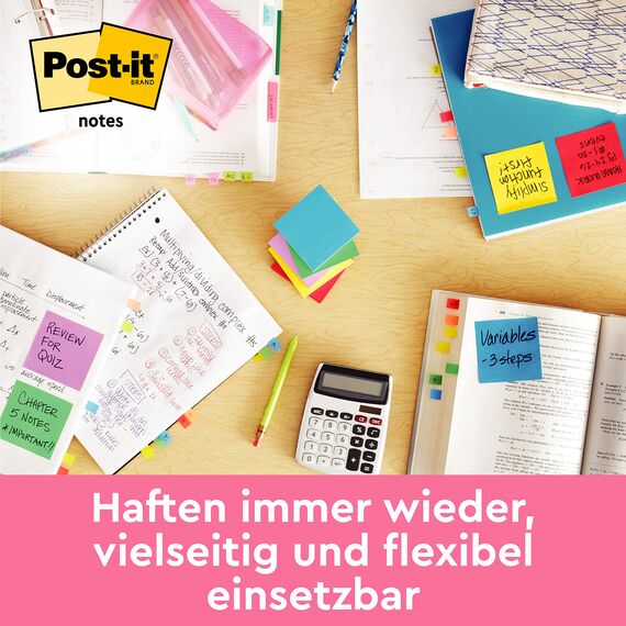 Post-it Notes Energetic Collection, Packung mit 12 Blöcken, 100 Blatt pro Block, 38 mm x 51 mm, Farbe: Gelb, Blau, Pink, Grün - Selbstklebende Notizzettel für Notizen, To-Do-Listen & Erinnerungen