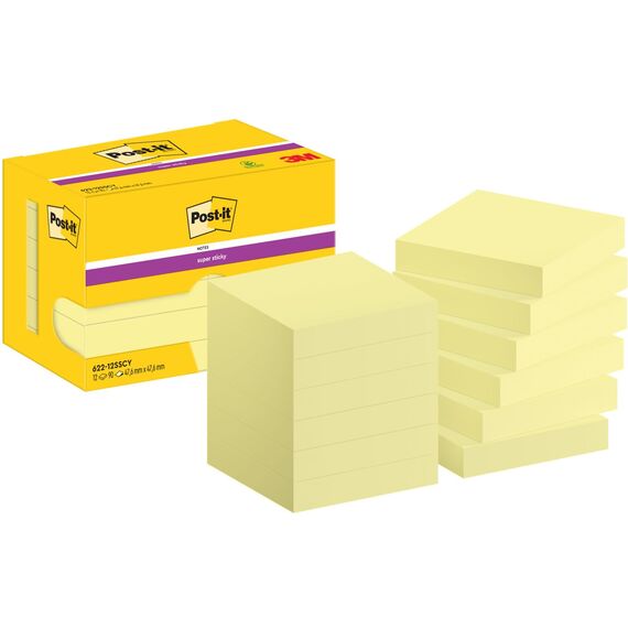 Post-it Super Sticky Notes, Packung mit 12 Blöcken, 90 Blatt pro Block, 47,6 mm x 47,6 mm, Farbe: Gelb - Extra-stark klebende Notizzettel für Notizen, To-Do-Listen und Erinnerungen