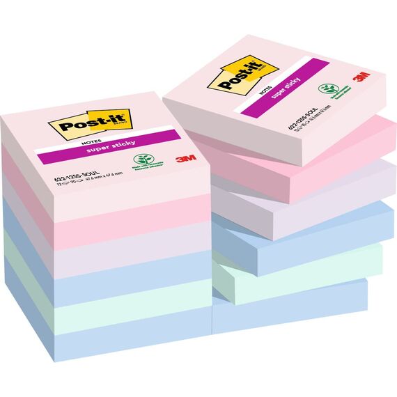 Post-it Super Sticky Notes Soulful Collection, Packung mit 12 Blöcken, 90 Blatt pro Block, 47, 6 mm x 47, 6 mm, Pink, Lila, Grün, Grau, Blau - Extra-stark klebende Notizzettel für To-Do-Listen