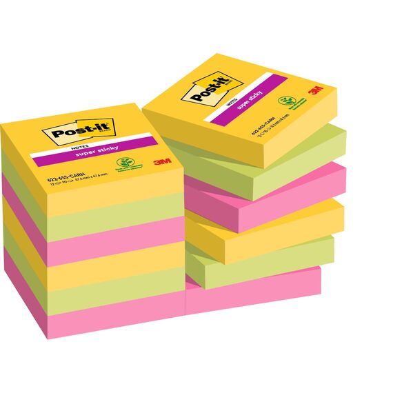 Post-it Super Sticky Notes Carnival Collection, Vorteilspackung mit 12 Blöcken, 90 Blatt pro Block, 47,6 mm x 47,6 mm, Gelb, Blau. Grün, Pink. Orange - Extra-stark klebende Notizzettel