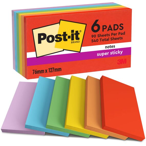 Post-it Super Sticky Notes Playful Collection, Packung mit 6 Blöcken, 90 Blatt pro Block, 76 mm x 127 mm - Extra-stark klebende Notizzettel für To-Do-Listen und Erinnerungen