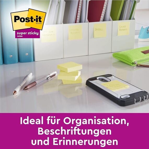 Post-it Super Sticky Notes, Packung mit 12 Blöcken, 90 Blatt pro Block, 47,6 mm x 47,6 mm, Farbe: Gelb - Extra-stark klebende Notizzettel für Notizen, To-Do-Listen und Erinnerungen