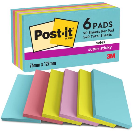 Post-it Super Sticky Notes Cosmic Collection, Packung mit 6 Blöcken, 90 Blatt pro Block, 76 mm x 127 mm, Mehrfarbig- Extra-stark klebende Notizzettel für Notizen