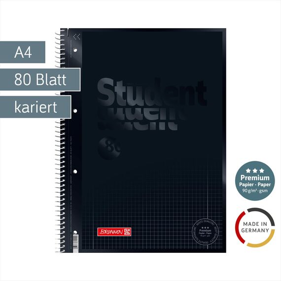 BRUNNEN 1067928190 Notizblock/Collegeblock Student Colour Code (A4 kariert, Lineatur 28, 90 g/m², 80 Blatt) schwarz