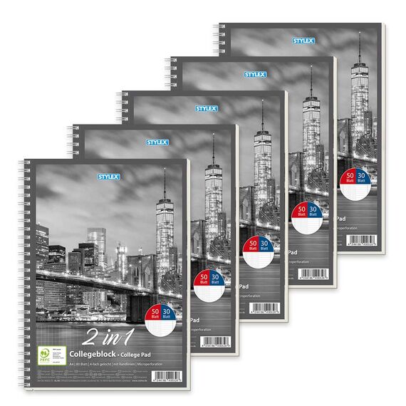 Stylex 40032-P5 - Collegeblock Duo mit Spiralbindung, DIN A4, 50 Blatt kariert und 30 Blatt liniert, 5 Stück