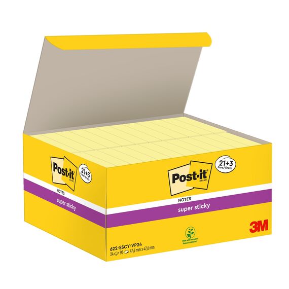 Post-it Super Sticky Notes, Gelb, 21 Blöcke und 3 GRATIS, 47.6 mm x 47.6 mm, 90 Blatt pro Block - Extra-stark klebende Notizzettel für To-Do-Listen und Erinnerungen