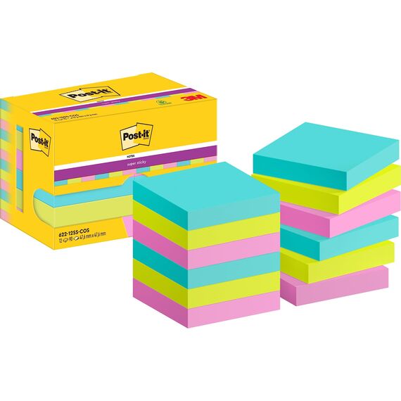Post-it Super Sticky Notes Cosmic Collection, Packung mit 12 Blöcken, 90 Blatt pro Block, 47,6 mm x 47,6 mm, Türkis, Grün, Pink - Extra-stark klebende Notizzettel für Notizen und To-Do-Listen