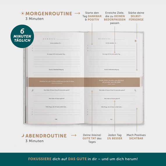 6-Minuten® Tagebuch für Erwachsene 2026 (Das Original) – Mehr Achtsamkeit, Selbstliebe & Resilienz – Dankbarkeitstagebuch, Journal Buch – in 22 Sprachen übersetzt