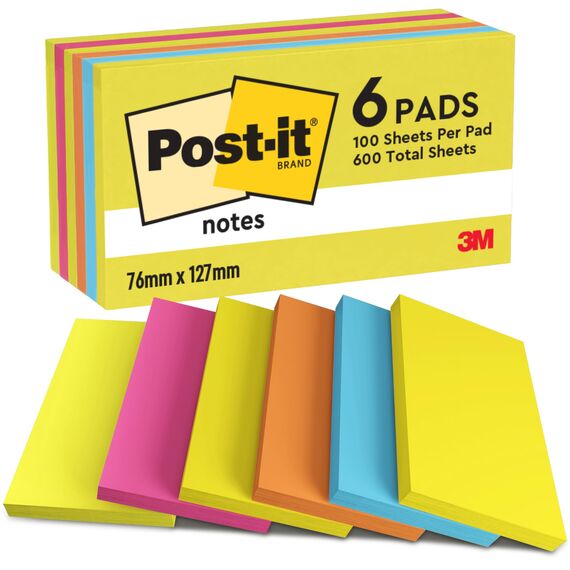 Post-it Notes Energetic Collection, Packung mit 6 Blöcken, 100 Blatt pro Block, 76 mm x 127 mm, Farben: Gelb, Blau, Orange, Pink, Grün - Selbstklebende Notizzettel für Notizen