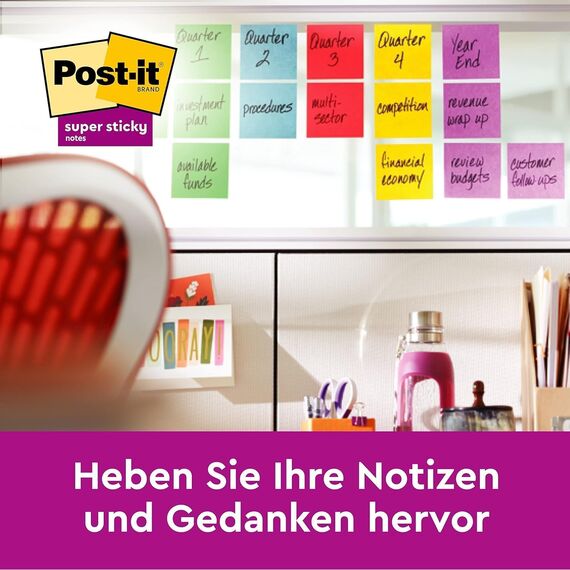 Post-it Super Sticky Notes, Packung mit 6 Blöcken, 90 Blatt pro Block, 76 mm x 127 mm, Gelb, Blau, Grün, Pink, Orange - Extra-stark klebende Notizzettel für To-Do-Listen und Erinnerungen
