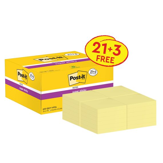 Post-it Super Sticky Notes, Gelb, 21 Blöcke und 3 GRATIS, 47.6 mm x 47.6 mm, 90 Blatt pro Block - Extra-stark klebende Notizzettel für To-Do-Listen und Erinnerungen