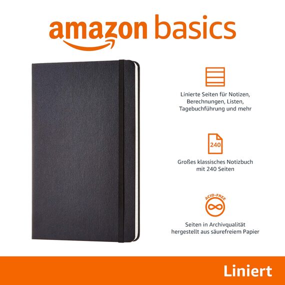 Amazon Basics Notizbuch, klassisches Design, Größe, liniert, Schwarz