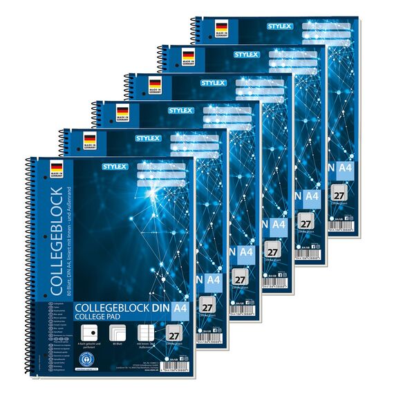 Stylex 43889-P6 - Collegeblock mit Spiralbindung & 43888-P6 - Collegeblock mit Spiralbindung, liniert, DIN A4, 80 Blatt mit 60 g/m² Grammatur, 6 Stück