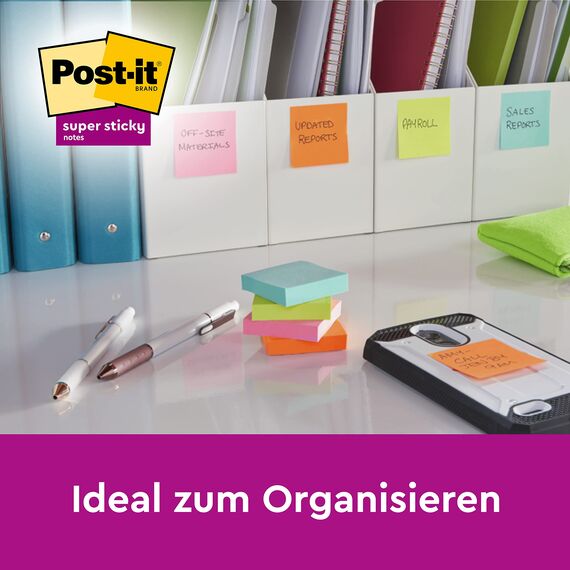 Post-it Super Sticky Notes Soulful Collection, Packung mit 12 Blöcken, 90 Blatt pro Block, 47, 6 mm x 47, 6 mm, Pink, Lila, Grün, Grau, Blau - Extra-stark klebende Notizzettel für To-Do-Listen