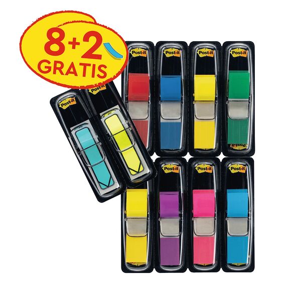 Post-it Index Small Flags, Vorteilspackung mit 8 Blöcken und 2 Pfeilblöcke GRATIS, 328 Blätter, 11, 9 mm x 43, 2 mm, Farben: Gelb, Rot, Grün, Blau, Lila, Pink - Für wichtige Informationen