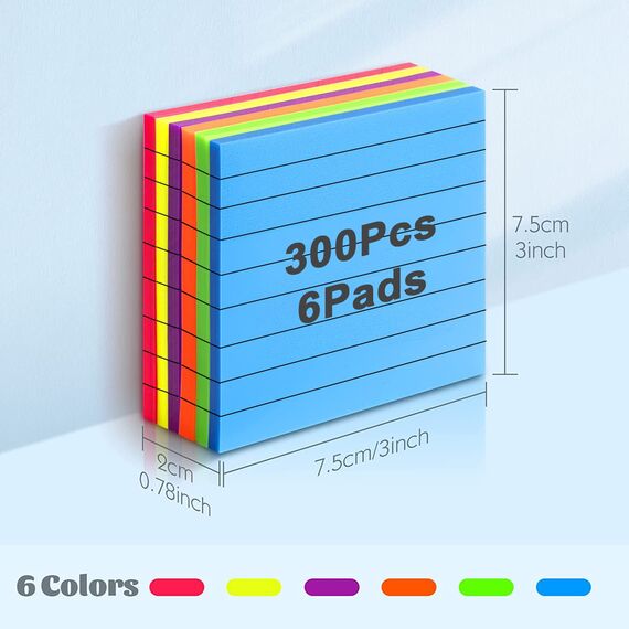 Gefütterte Transparent Haftnotizen, 300pcs Transparent Sticky Notes with Lines,Selbstklebende Notizen, Transparenter Block, Wasserdichtes, Durchscheinendes Memo mit Linie (6 Farben 7,6 x 7,6 cm)