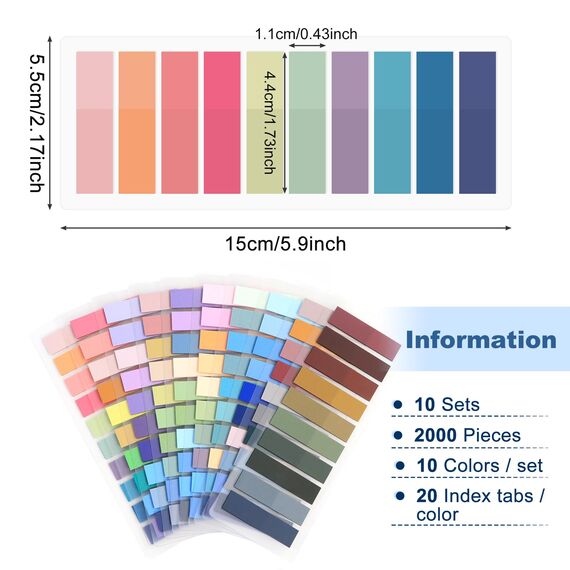 Hanyousheng 2000 Stück Haftstreifen, 10 Stile Klebezettel Klein, Sticky Tabs, Sticky Notes, Mini Haftstreifen, Annotating Supplies, Index Tabs, Klebemarkierungen für Seitenmarkierung Lesezeichen