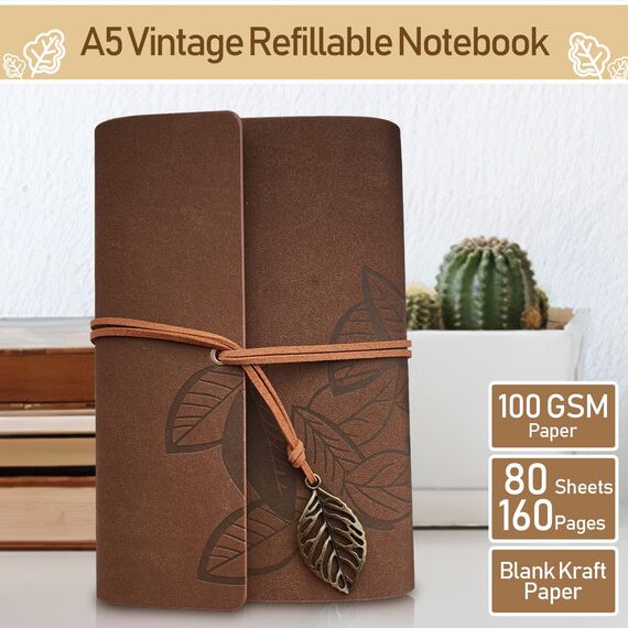 Joy & Inspiration PU Leder Notizbuch Vintage Nachfüllbar Gebunden Schönes Reisetagebuch Tagebuch Ringbuch Skizzenbuch Vintage Notizbuch (A5 Dunkelbraun)