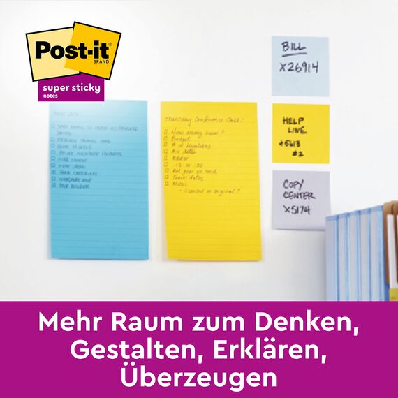 Post-it Super Sticky Meeting Notes, Packung mit 4 Blöcken, 45 Blatt pro Block, 203 mm x 152 mm, Farben: Grün, Pink, Gelb, Orange - Extra-stark klebende Notizzettel für To-Do-Listen und Erinnerungen