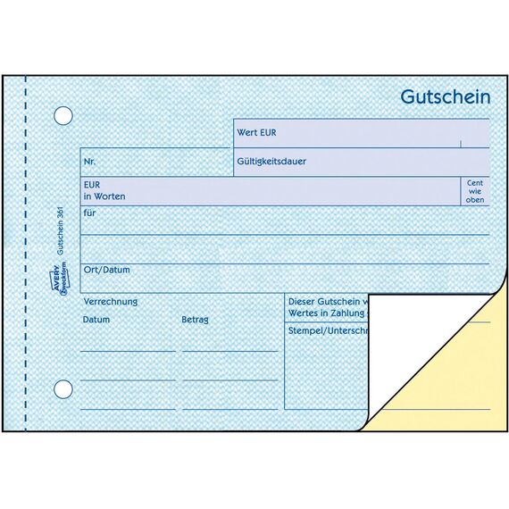 AVERY Zweckform 361 Gutschein (A6 quer, mit 1 Blaupapier, von Rechtsexperten geprüft, fälschungssicher, mit Ausfüllhilfe, für Deutschland zum Erstellen von Gutschriften, 2x50 Blatt) weiß/gelb