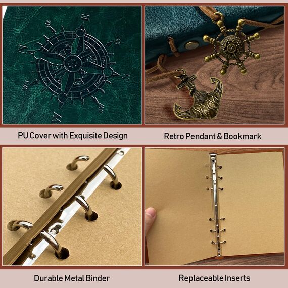 Joy & Inspiration PU Leder Notizbuch A5 Grün Tagebuch Nachfüllbares Tagebuch Retro Reisende Vintage Notebook Für Notizen Reisen, Zeichnungen Skizzen DIY Projekte