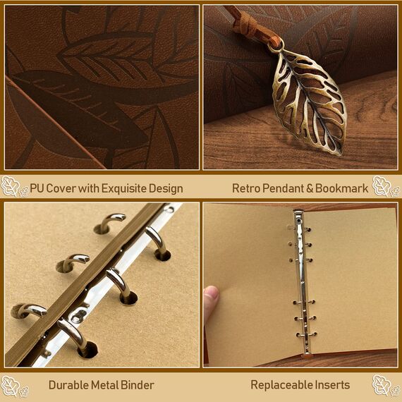 Joy & Inspiration PU Leder Notizbuch Vintage Nachfüllbar Gebunden Schönes Reisetagebuch Tagebuch Ringbuch Skizzenbuch Vintage Notizbuch (A5 Dunkelbraun)