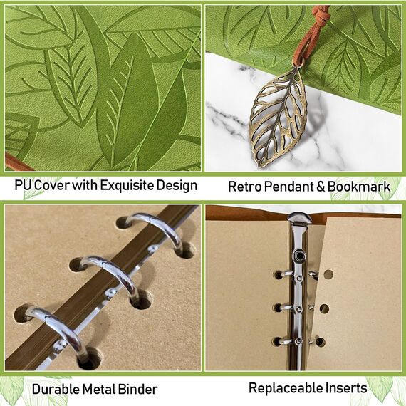 Joy & Inspiration PU Leder Notizbuch Braun Vintage Nachfüllbar Gebunden Schönes Reisetagebuch Tagebuch Ringbuch Skizzenbuch Vintage Notizbuch (A5 Hellgrün, Hellgrün)
