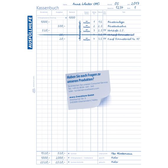 AVERY Zweckform 1756 Kassenbuch (A4, 2x40 Blatt, selbstdurchschreibend, nach Steuerschiene 300, EDV-gerechte Datenerfassung, von Rechtsexperten geprüft, für DE, ordnungsgemäße Buchführung) weiß/gelb