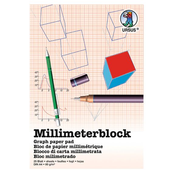 Ursus 7054600 - Millimeterblock, DIN A4, 80 g/qm, 25 Blatt, Raster 1 mm, roter Druck, mit Gitternetz, aus holzfreiem, weißen Schreibpapier, ideal für technische Zeichnungen